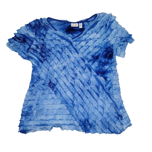 Kim Rogers Textured Blouse Blue tie-dye  top with ruffles and V-neck - Picture 1 of 7